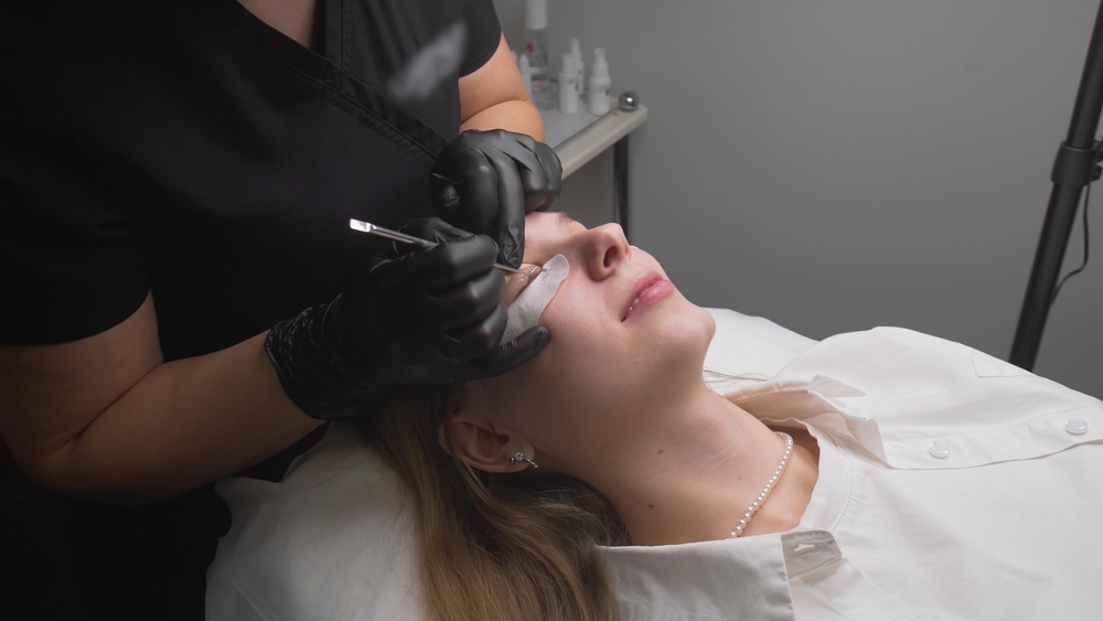 Lash lift and tint treatment in progress